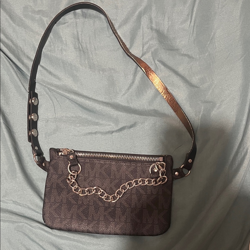 Michael Kors Black and Brown Wristlet with Chain Detail